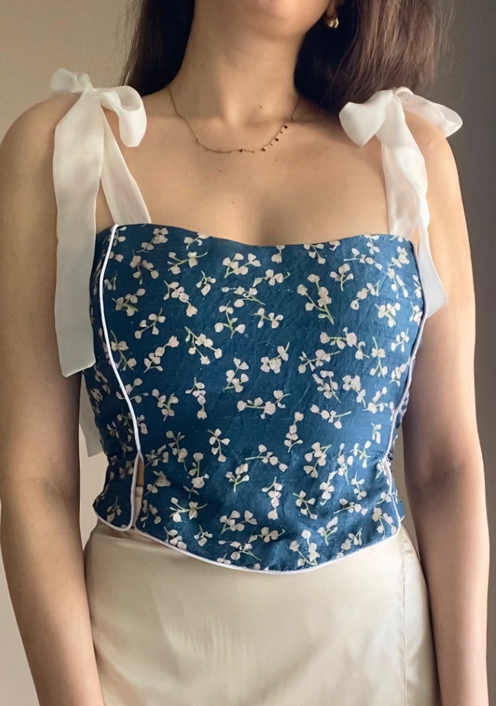 Estelle Corset Silk Top | Midnight Blossom