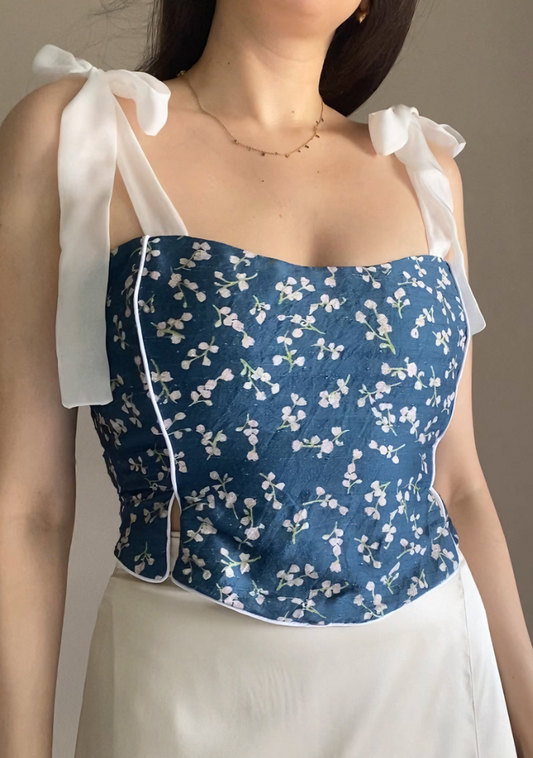 Estelle Corset Silk Top | Midnight Blossom