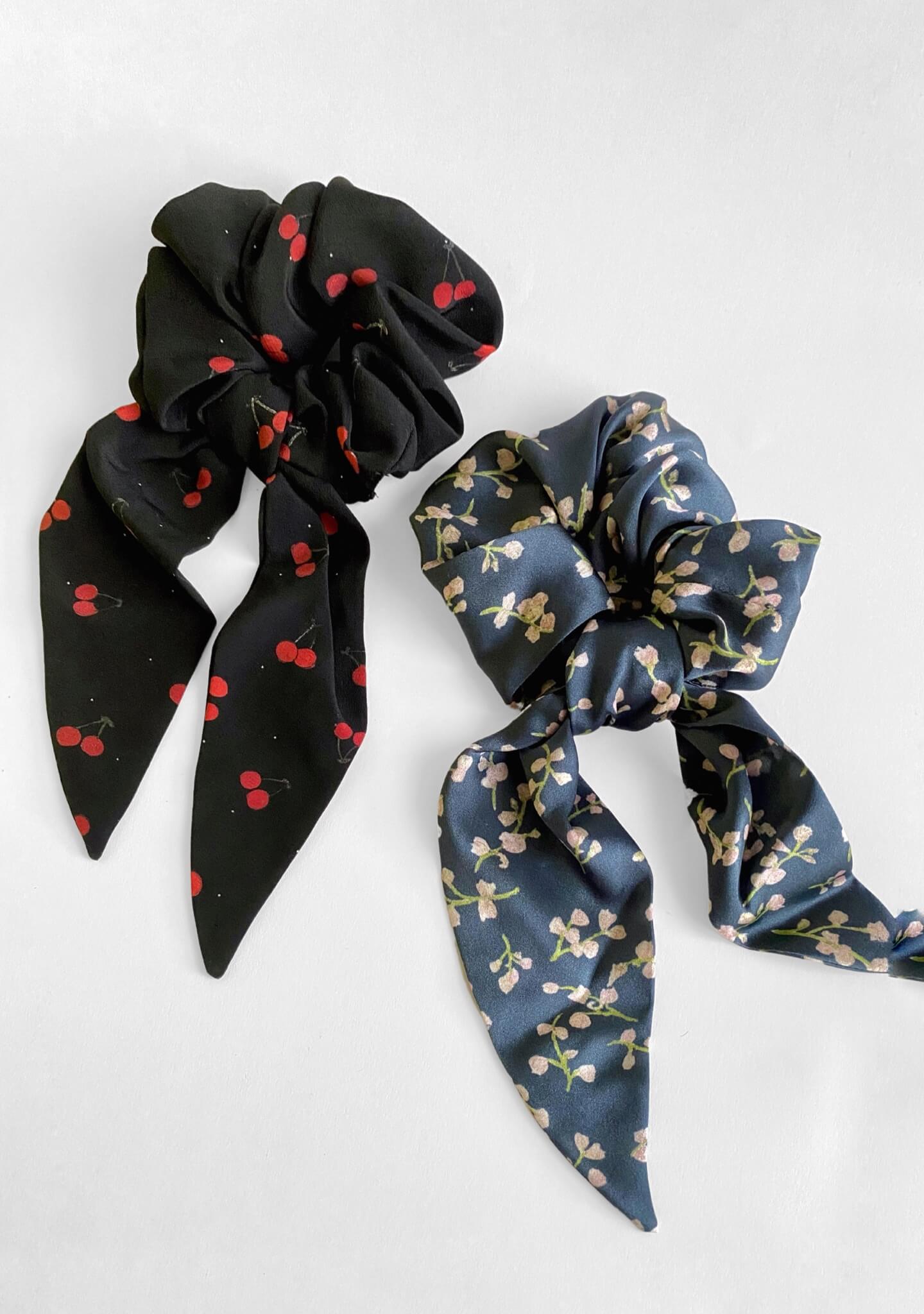 Silk Scrunchies with Ribbon- 2 piece set - Anomable